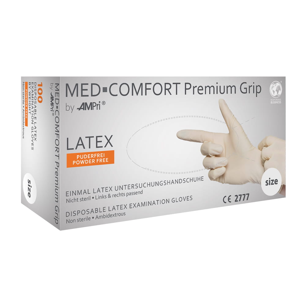 Latexhandschuhe, weiß, Größe XL, puderfrei, Med-Comfort Premium Grip Latexhandschuhe, weiß, Größe XL, puderfrei, Med-Comfort Premium Grip
