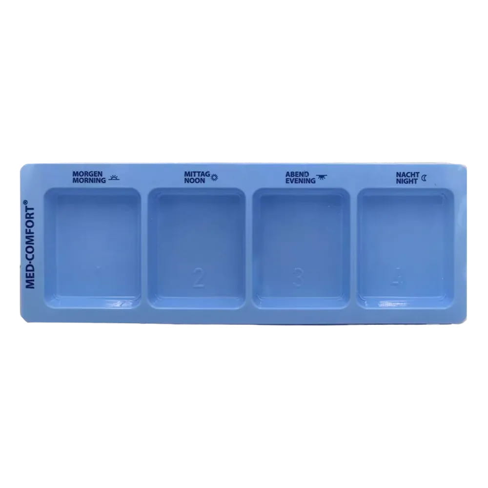 PP Einweg Medikamentendispenser, 4 Fächer, 22 x 8 x 2 cm, blau, Med-Comfort PP Einweg Medikamentendispenser, 4 Fächer, 22 x 8 x 2 cm, blau, Med-Comfort
