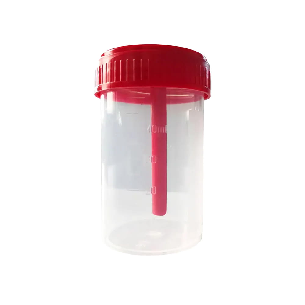 PP Stuhlsammelbehälter, 40 ml, transparent, milchig, rot mit PE Verschluss PP Stuhlsammelbehälter, 40 ml, transparent, milchig, rot mit PE Verschluss