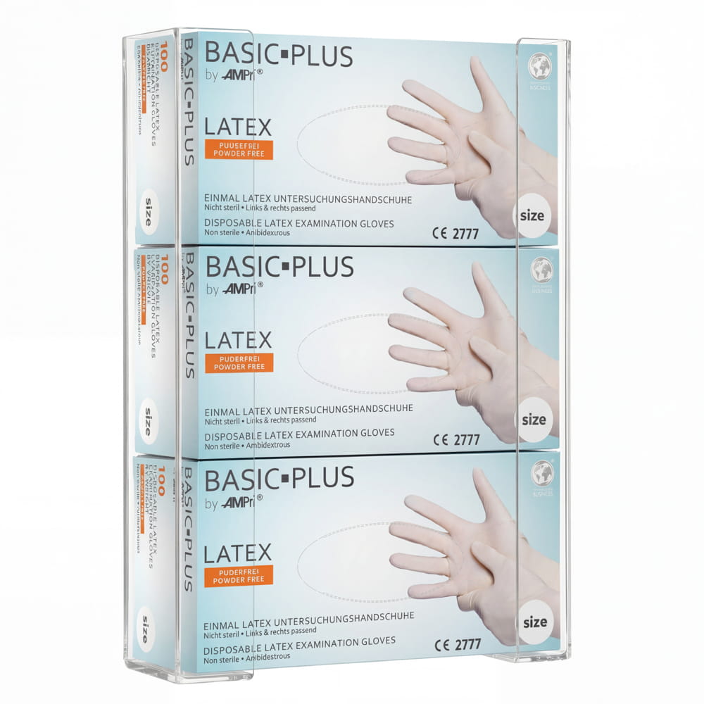 Einmalhandschuh Spender für 3 Boxen, Handschuh-Dispenserhalter TRIO, 258 x 392 x 96 mm, transparent, milchig, Acryl
