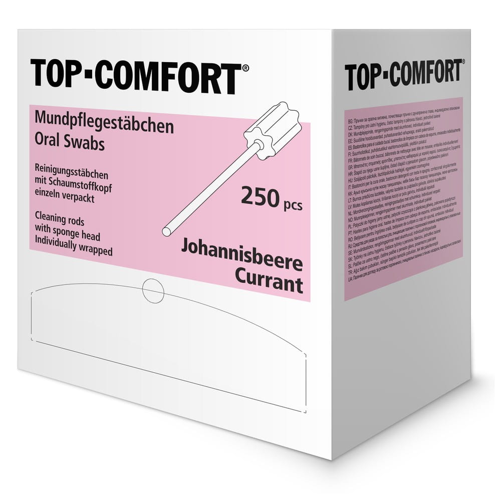 PP Mundpflegestäbchen mit PU Schwamm, 100 mm, Geschmack Johannisbeere, Kopf rosa, Top-Comfort