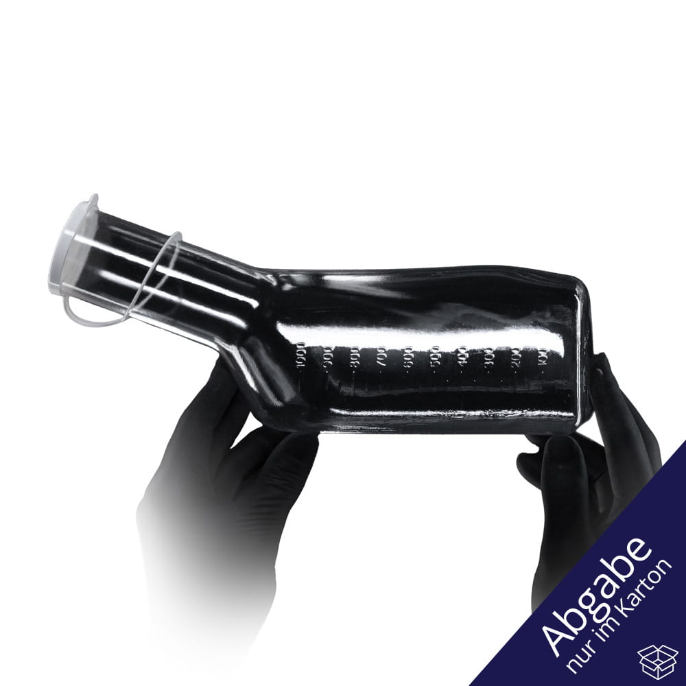 Urinflasche (Polycarbonat) für Männer, eckig, Farbe transparent / glasklar mit weißem PP Deckel