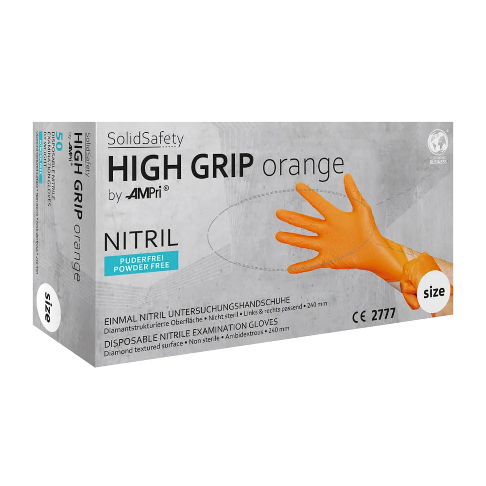 High Grip Einmalhandschuh aus Nitril, Größe L, orange, SolidSafety