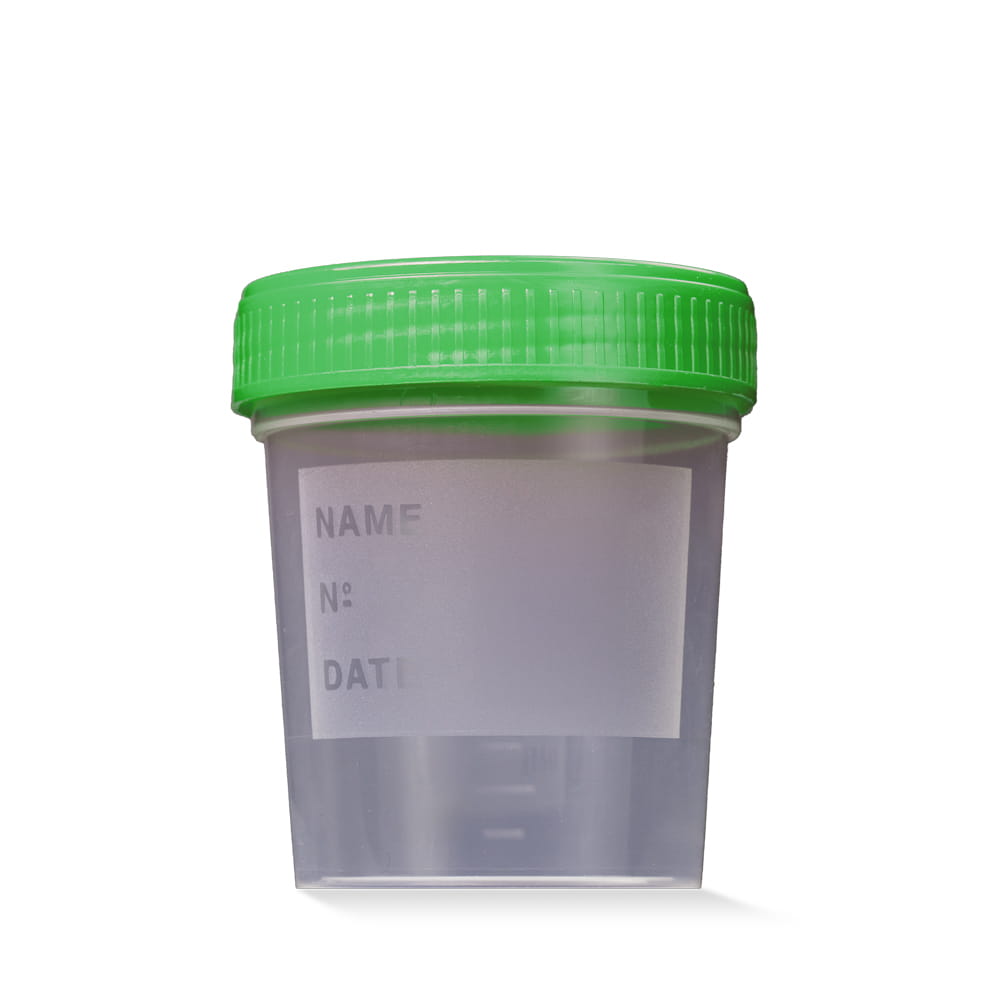 PP Urinsammelbehälter mit Schraubdeckel, 100 ml, Farbe transparent, milchig, grün, 400 Becher mit Deckel, unterverpackt zu 4 x 100 Stück PP Urinsammelbehälter mit Schraubdeckel, 100 ml, Farbe transparent, milchig, grün, 400 Becher mit Deckel, unterverpackt zu 4 x 100 Stück