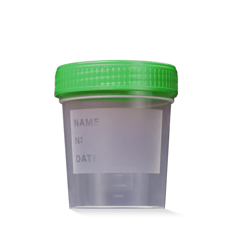 PP Urinsammelbehälter mit Schraubdeckel, 100 ml, Farbe transparent, milchig, grün, 400 Becher mit Deckel, unterverpackt zu 4 x 100 Stück