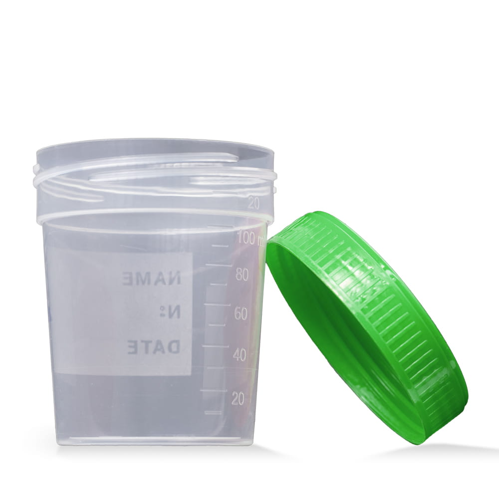 PP Urinsammelbehälter mit Schraubdeckel, 100 ml graduiert, Farbe transparent, milchig, grün, 500 Becher mit Deckel PP Urinsammelbehälter mit Schraubdeckel, 100 ml graduiert, Farbe transparent, milchig, grün, 500 Becher mit Deckel