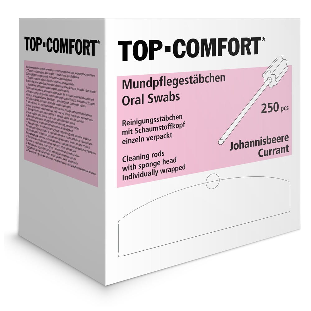 PP Mundpflegestäbchen mit PU Schwamm, 100 mm, Geschmack Johannisbeere, Kopf rosa, Top-Comfort