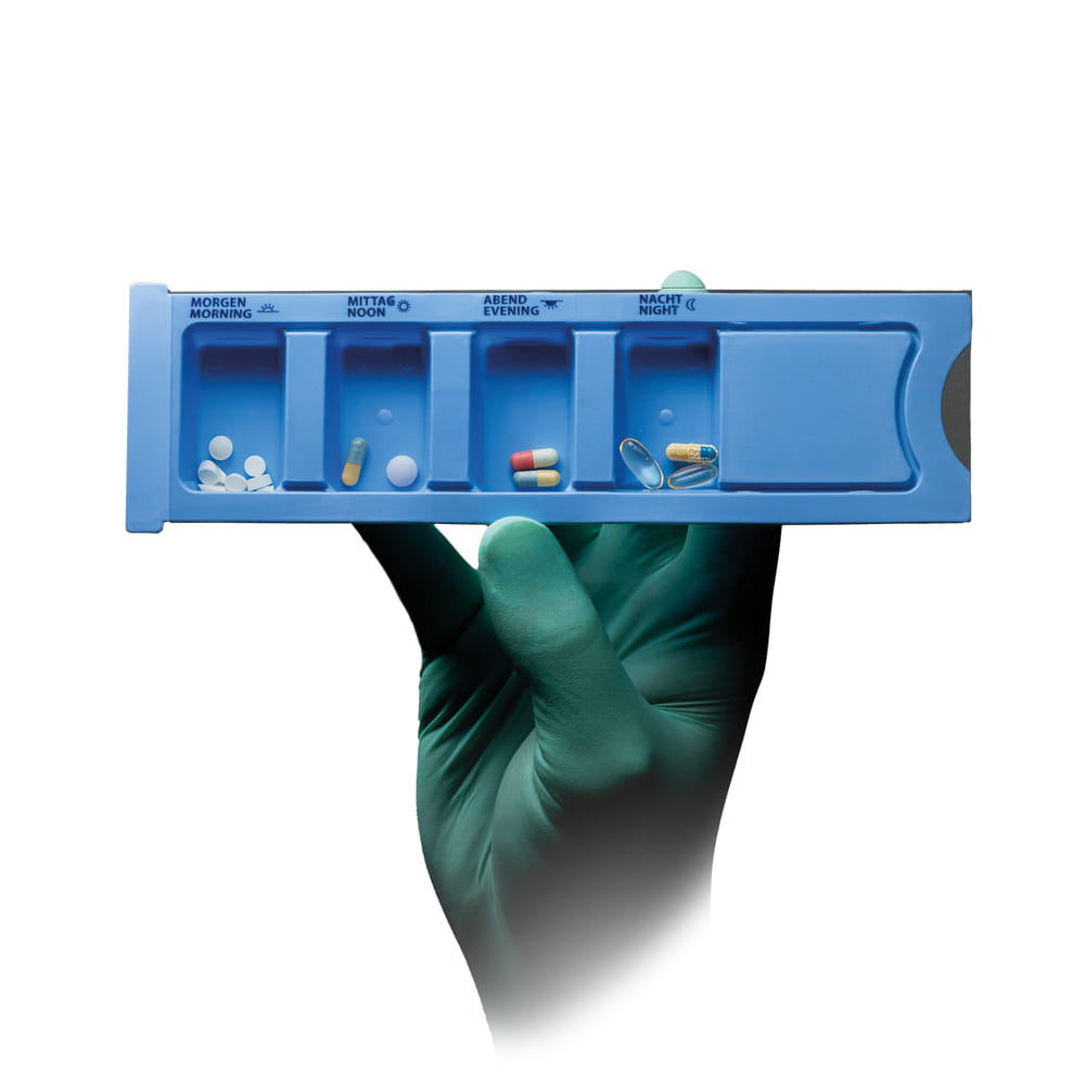 PP Einweg Medikamentendispenser, 4 Fächer, 22,2 x 6 x 1,5 cm, blau, Med-Comfort