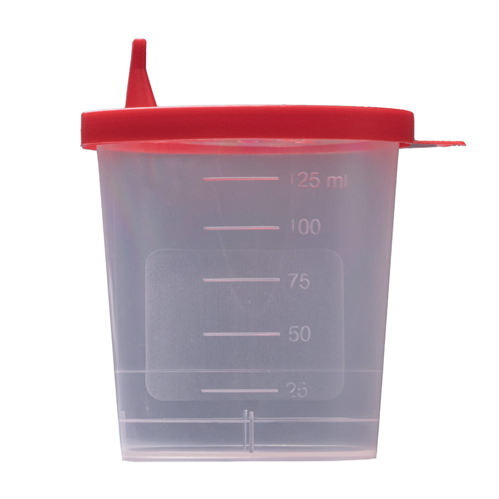 PP Urinsammelbehälter mit Schnappdeckel, 125 ml, Farbe transparent, milchig, rot